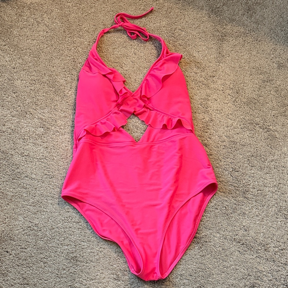 Aerie Neon Pink Ruffle One Piece Swimsuit - Size Large